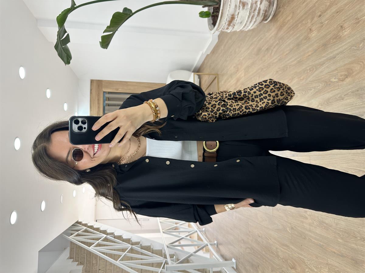 Ahşap Düğmeli Palazzo Pantolonlu Viskon Takım-Siyah