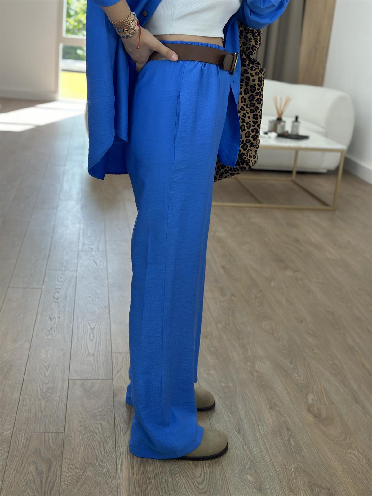 Ahşap Düğmeli Palazzo Pantolonlu Viskon Takım-Mavi