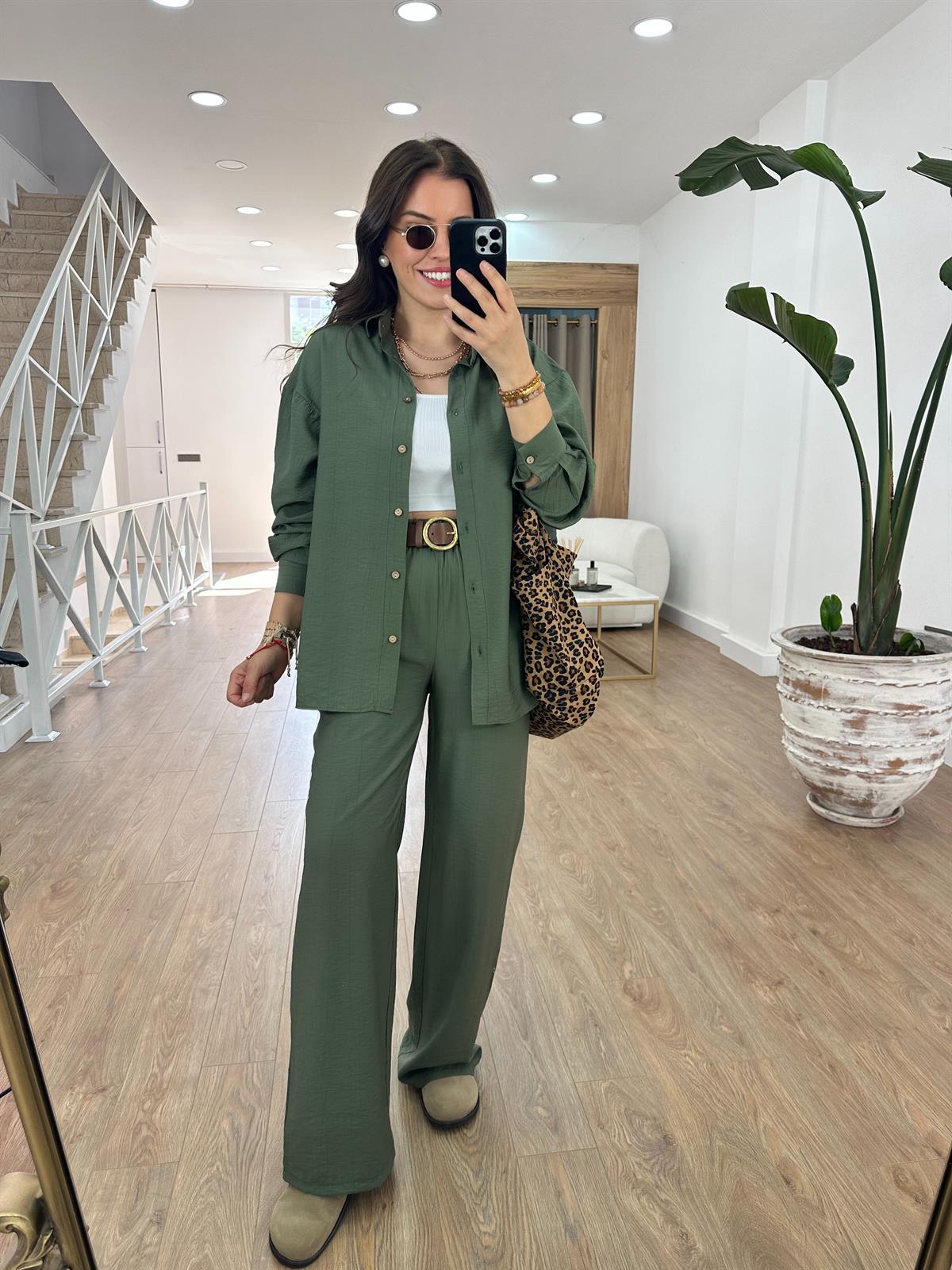 Ahşap Düğmeli Palazzo Pantolonlu Viskon Takım-Haki