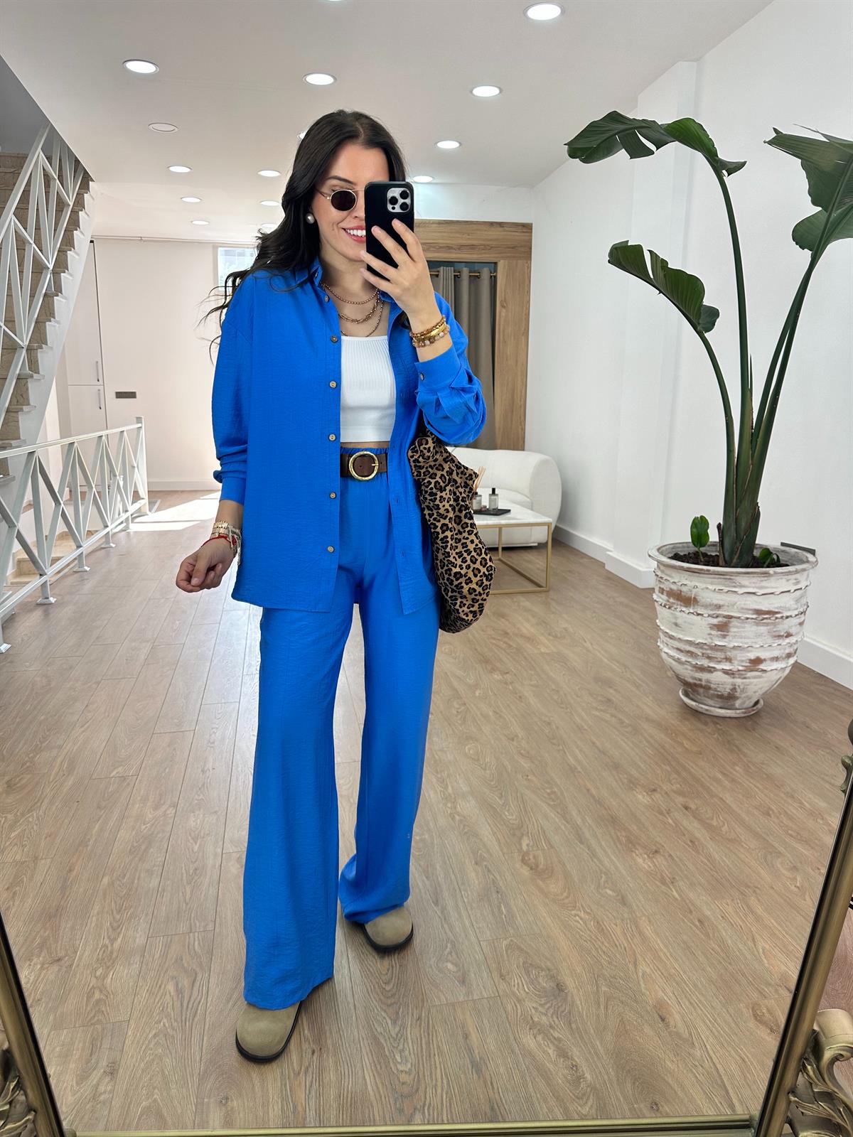 Ahşap Düğmeli Palazzo Pantolonlu Viskon Takım-Mavi