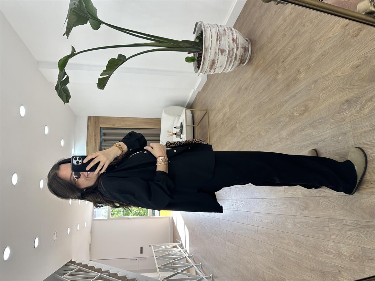 Ahşap Düğmeli Palazzo Pantolonlu Viskon Takım-Siyah