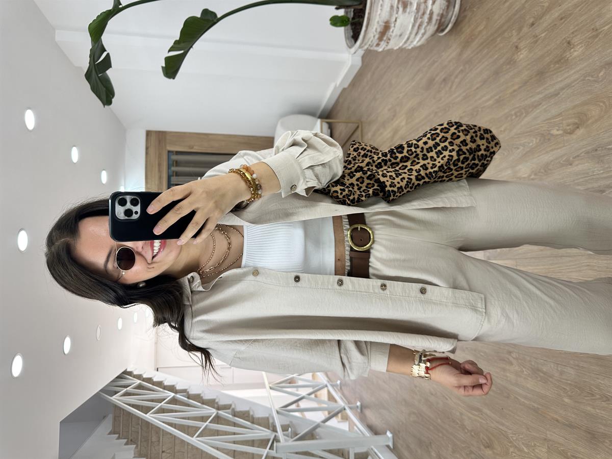 Ahşap Düğmeli Palazzo Pantolonlu Viskon Takım-Taş