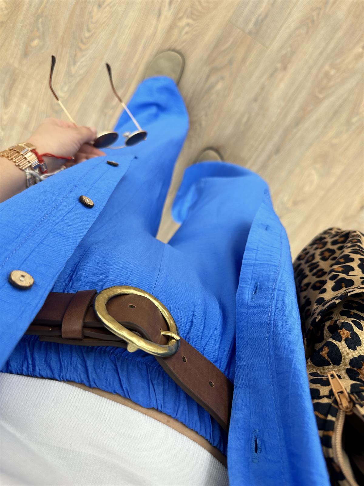 Ahşap Düğmeli Palazzo Pantolonlu Viskon Takım-Mavi