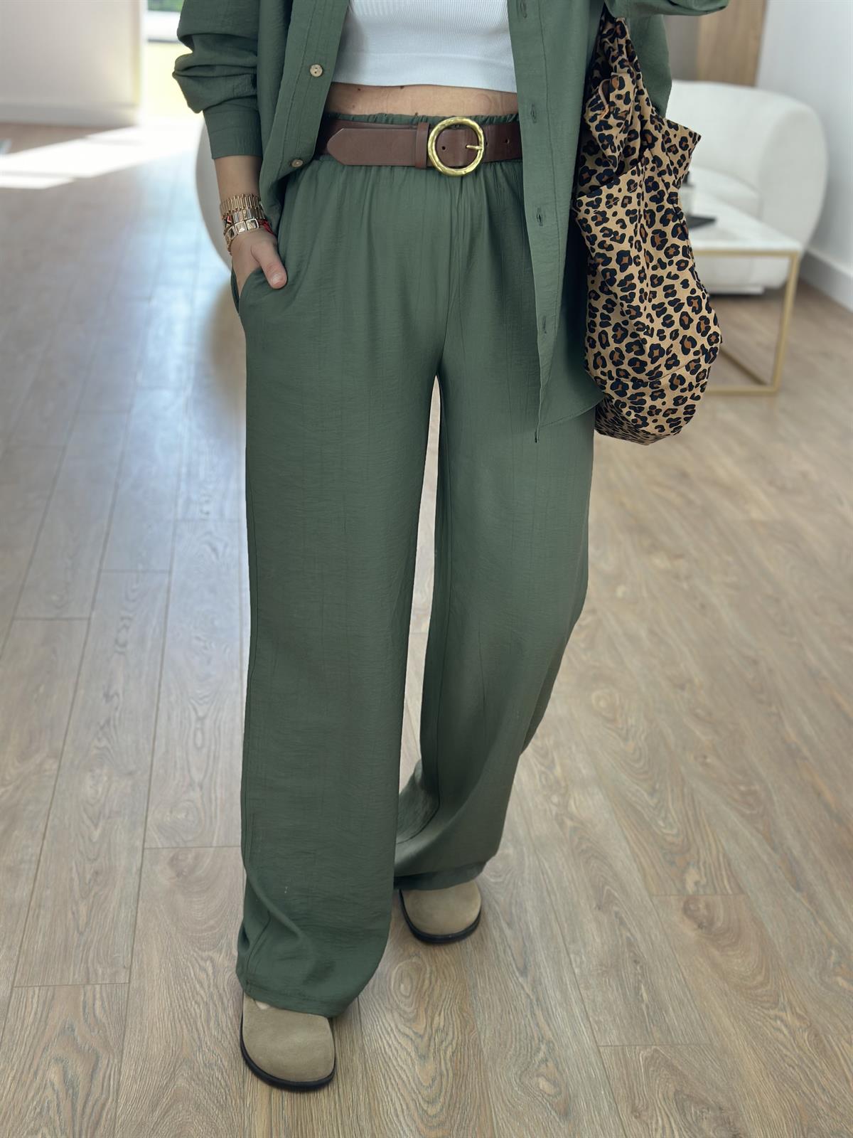 Ahşap Düğmeli Palazzo Pantolonlu Viskon Takım-Haki