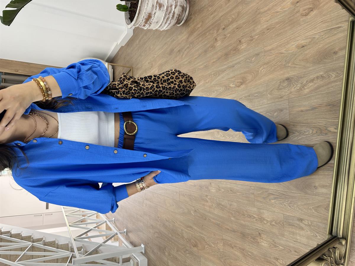 Ahşap Düğmeli Palazzo Pantolonlu Viskon Takım-Mavi