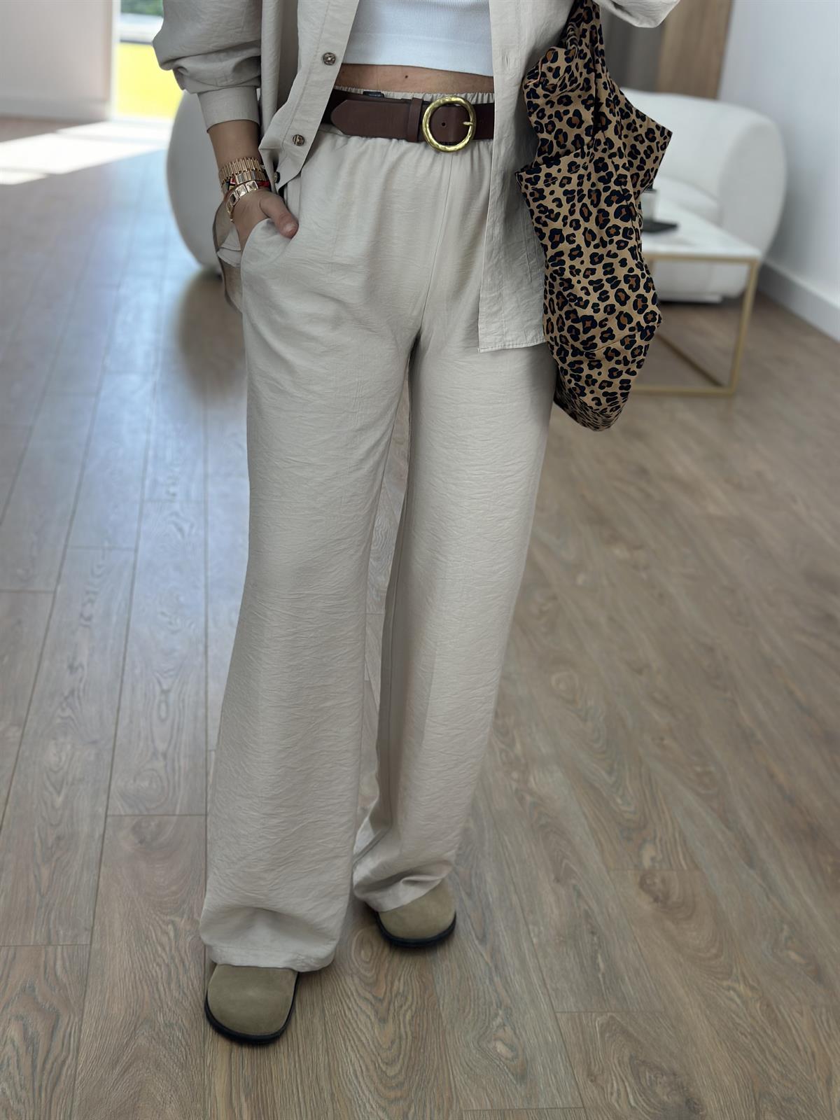 Ahşap Düğmeli Palazzo Pantolonlu Viskon Takım-Taş