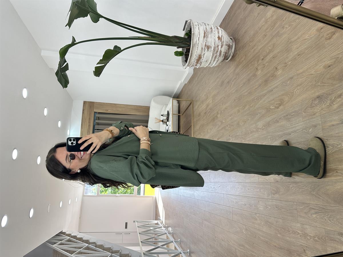 Ahşap Düğmeli Palazzo Pantolonlu Viskon Takım-Haki