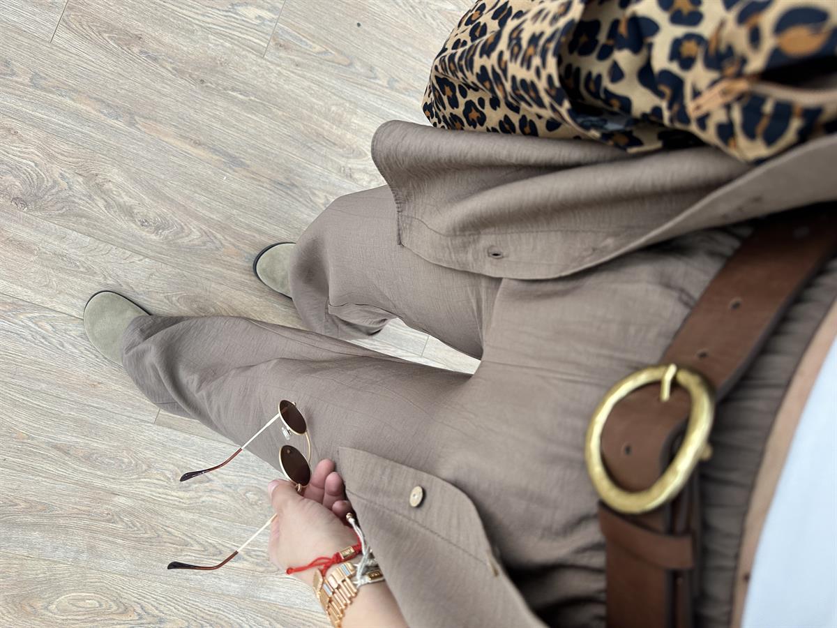 Ahşap Düğmeli Palazzo Pantolonlu Viskon Takım-Kahverengi