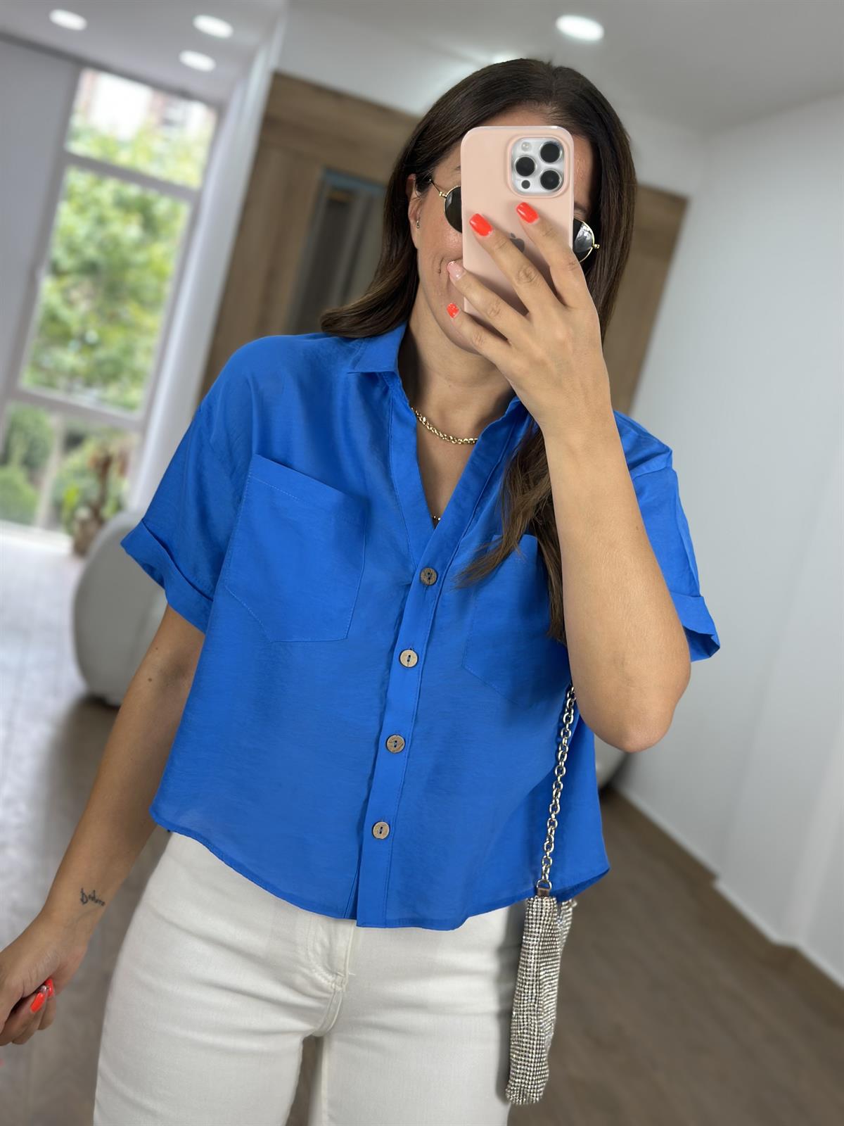 Ahşap Düğmeli Tnsel Gömlek-Mavi