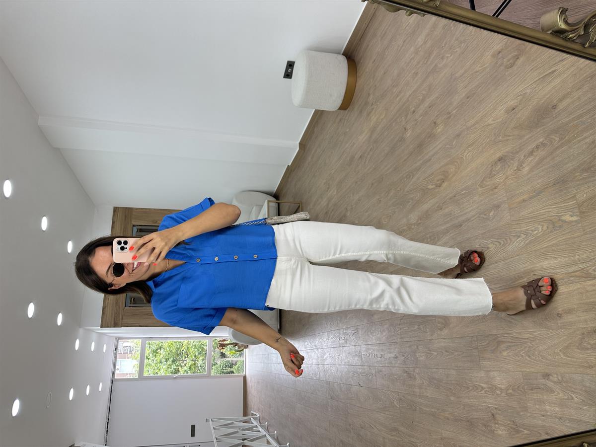 Ahşap Düğmeli Tnsel Gömlek-Mavi