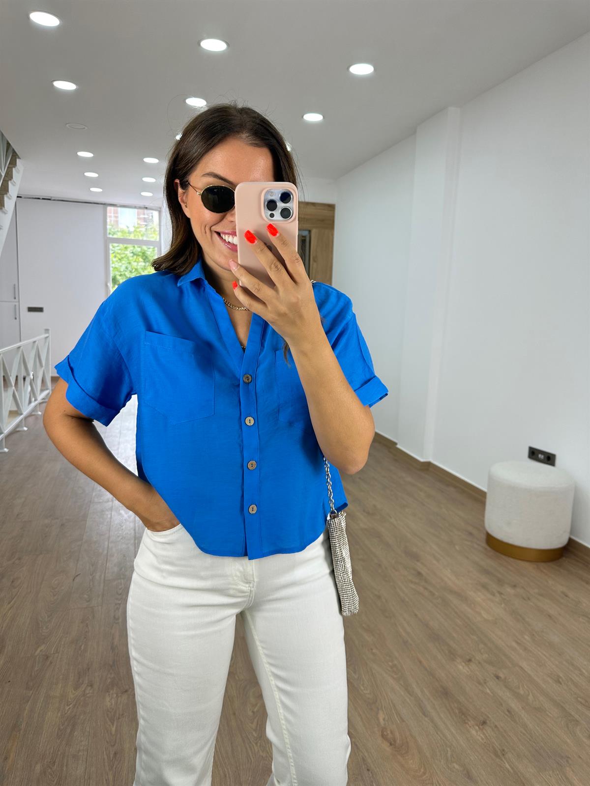 Ahşap Düğmeli Tnsel Gömlek-Mavi