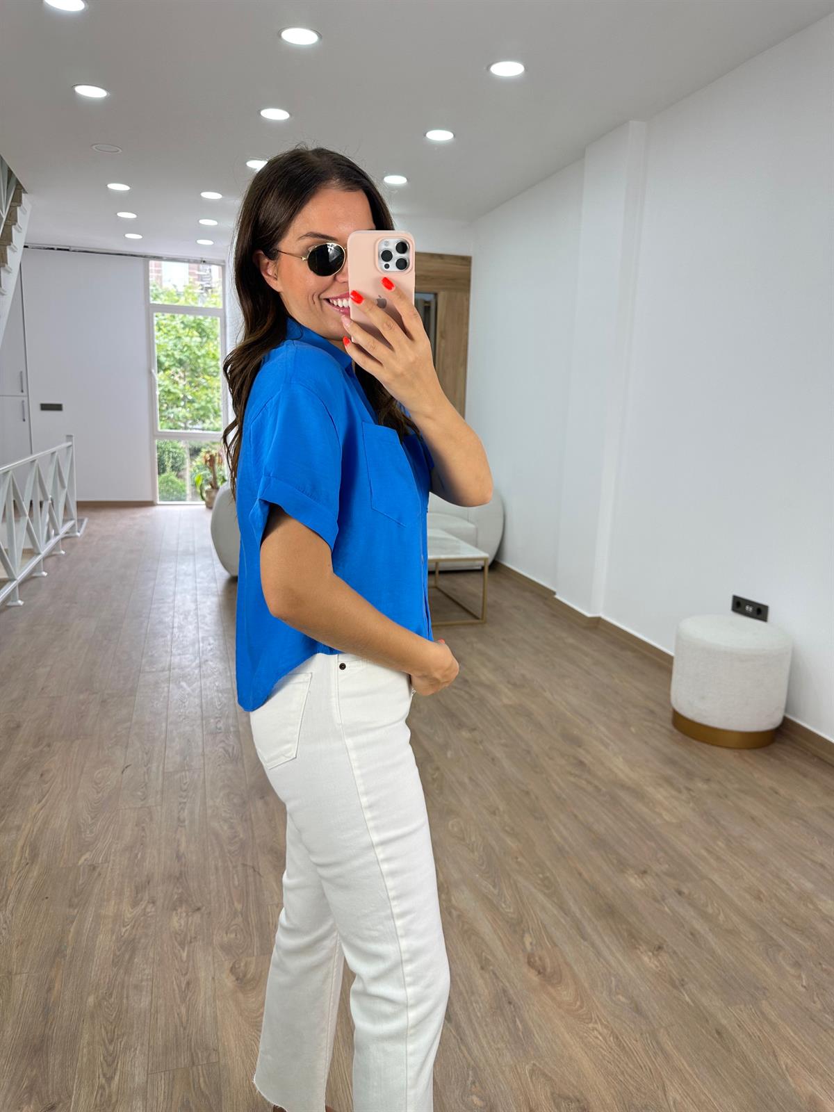 Ahşap Düğmeli Tnsel Gömlek-Mavi