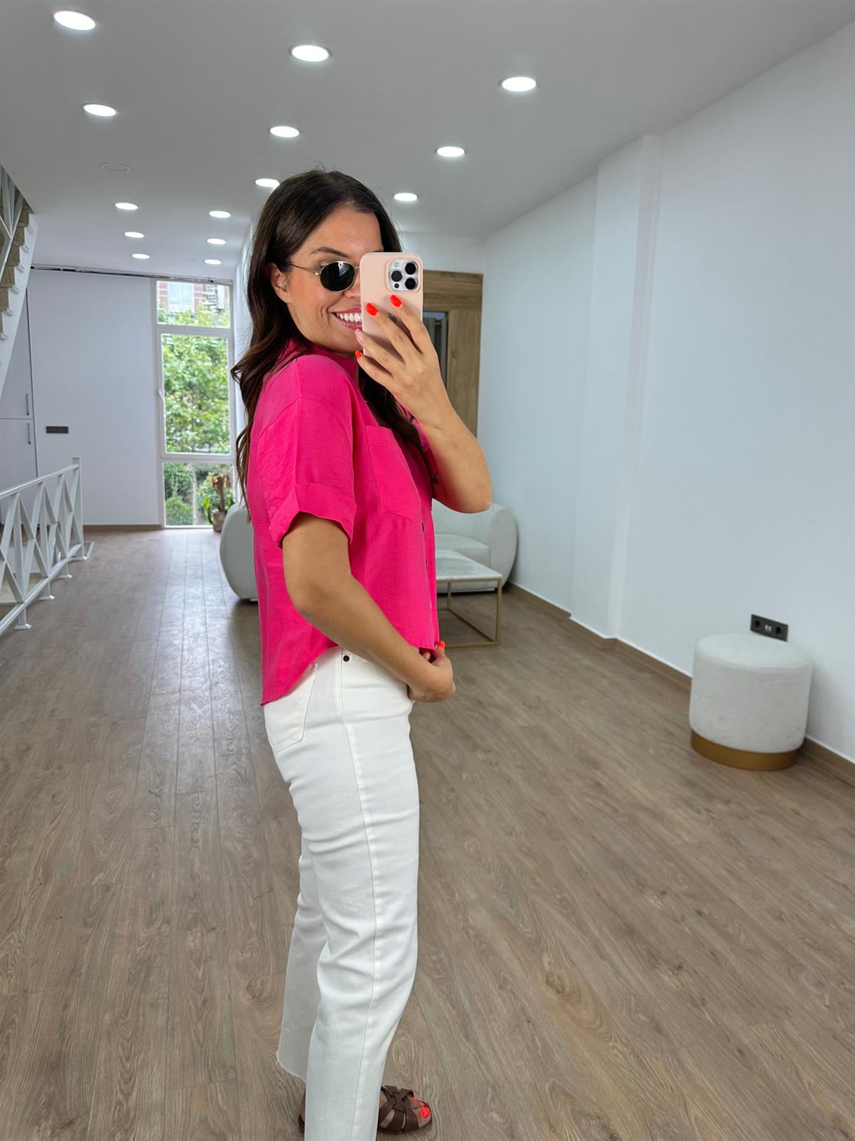 Ahşap Düğmeli Tnsel Gömlek-Pembe