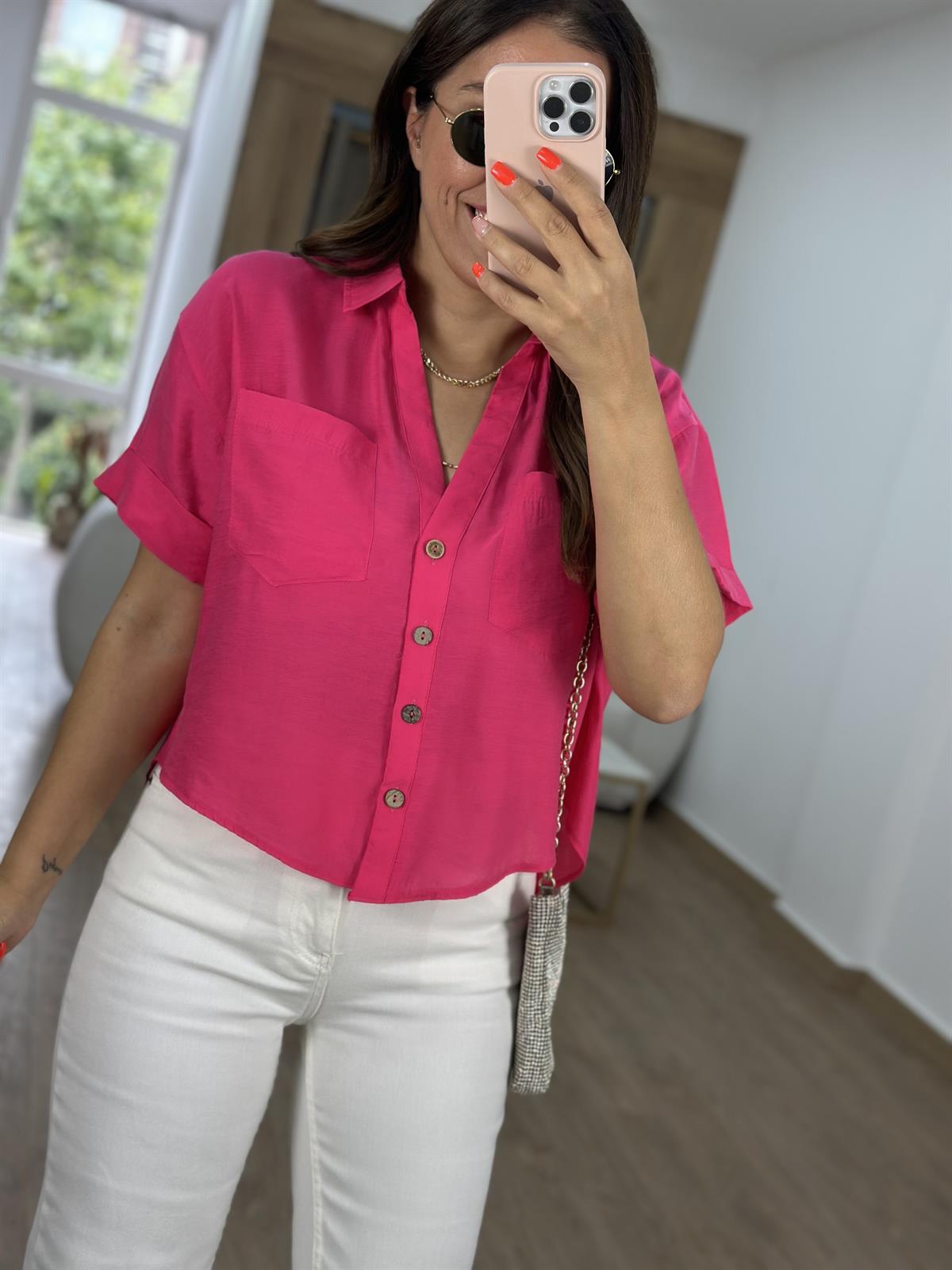 Ahşap Düğmeli Tnsel Gömlek-Pembe