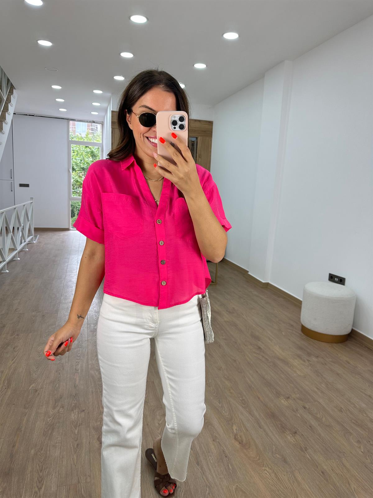 Ahşap Düğmeli Tnsel Gömlek-Pembe