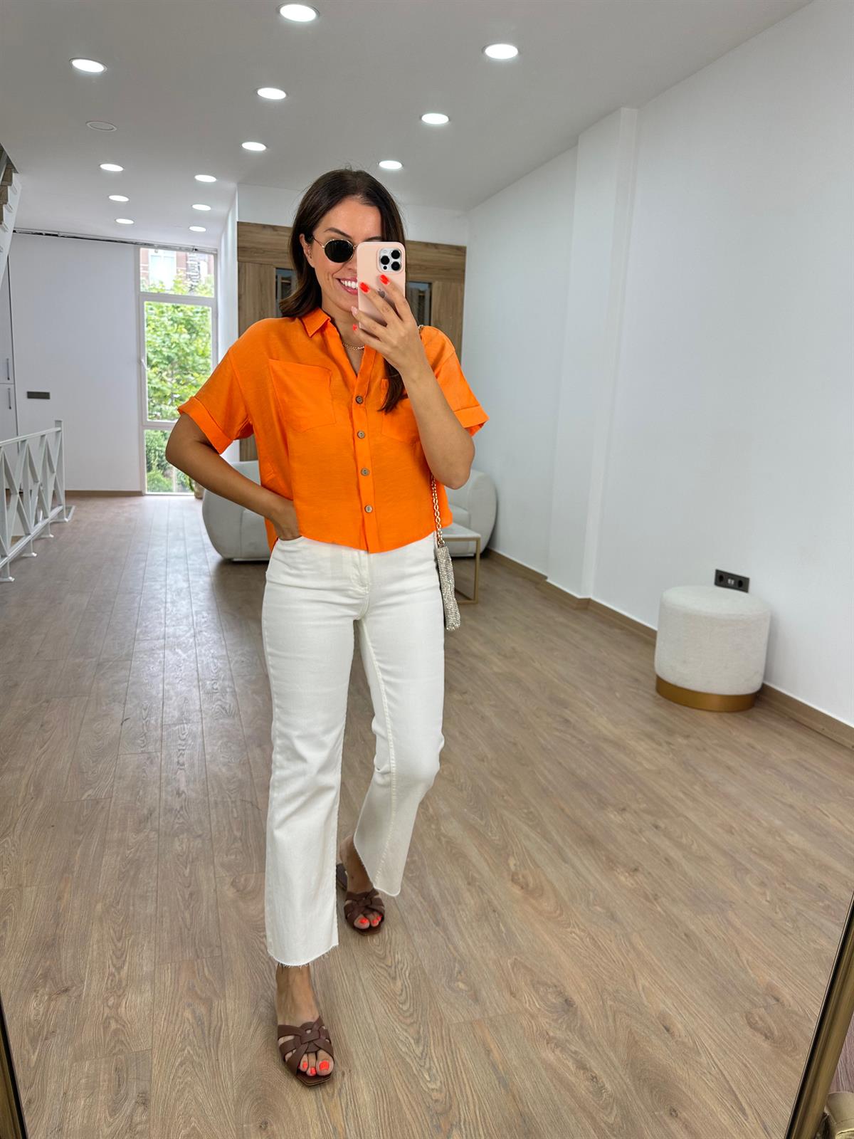 Ahşap Düğmeli Tnsel Gömlek-Turuncu