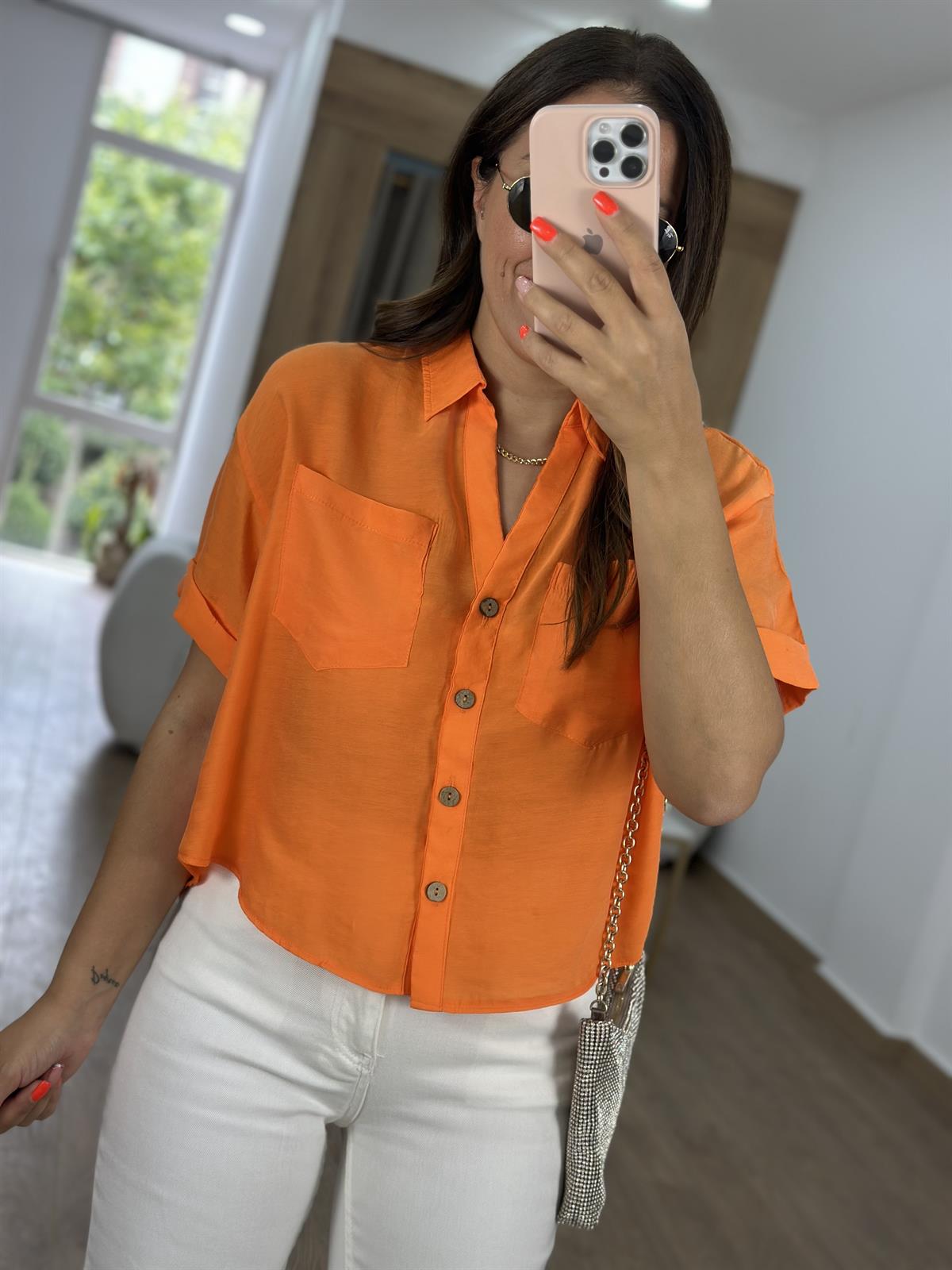 Ahşap Düğmeli Tnsel Gömlek-Turuncu