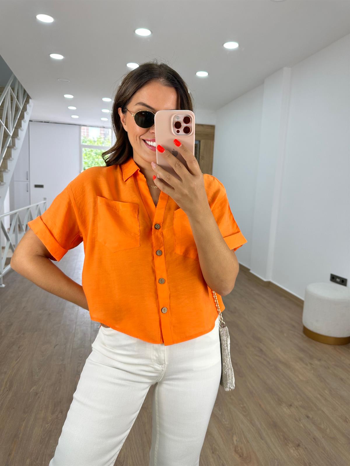 Ahşap Düğmeli Tnsel Gömlek-Turuncu