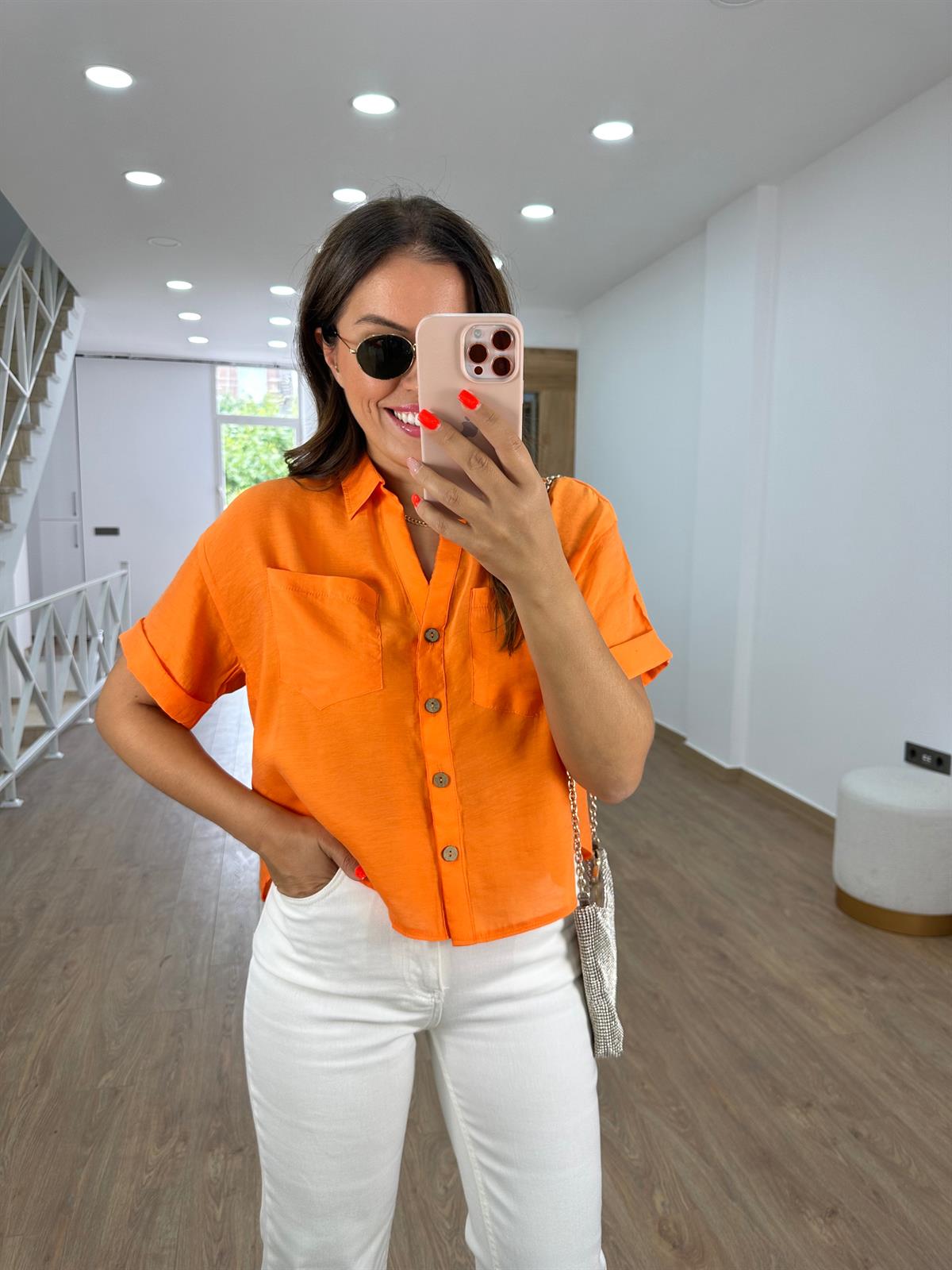 Ahşap Düğmeli Tnsel Gömlek-Turuncu