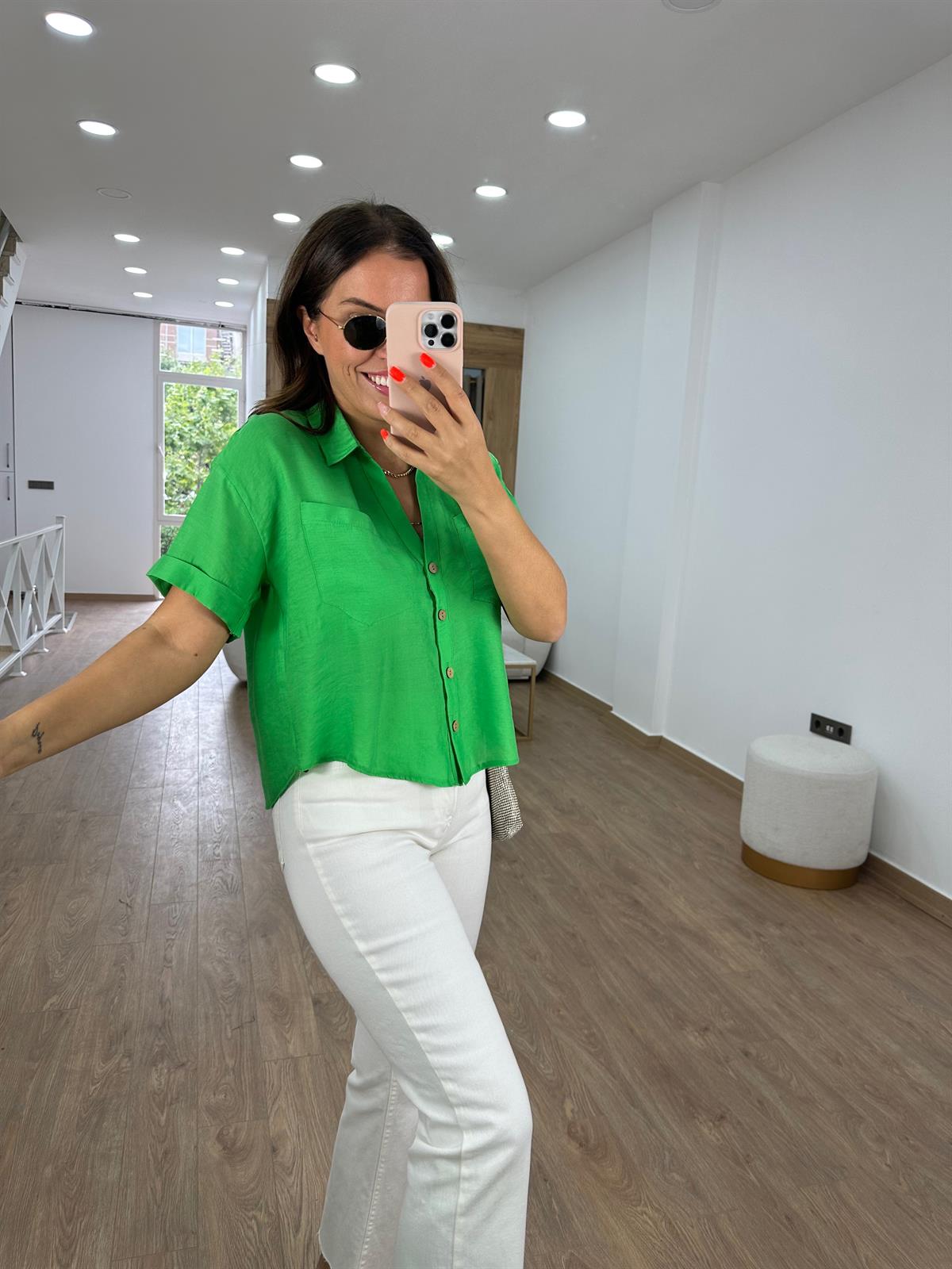 Ahşap Düğmeli Tnsel Gömlek-Yeşil