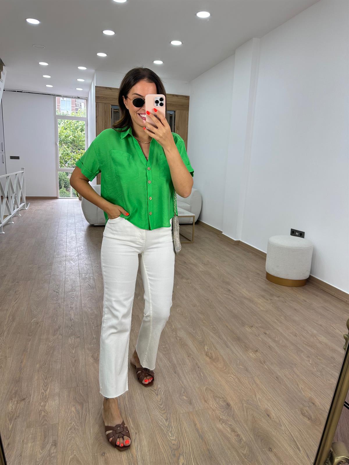 Ahşap Düğmeli Tnsel Gömlek-Yeşil