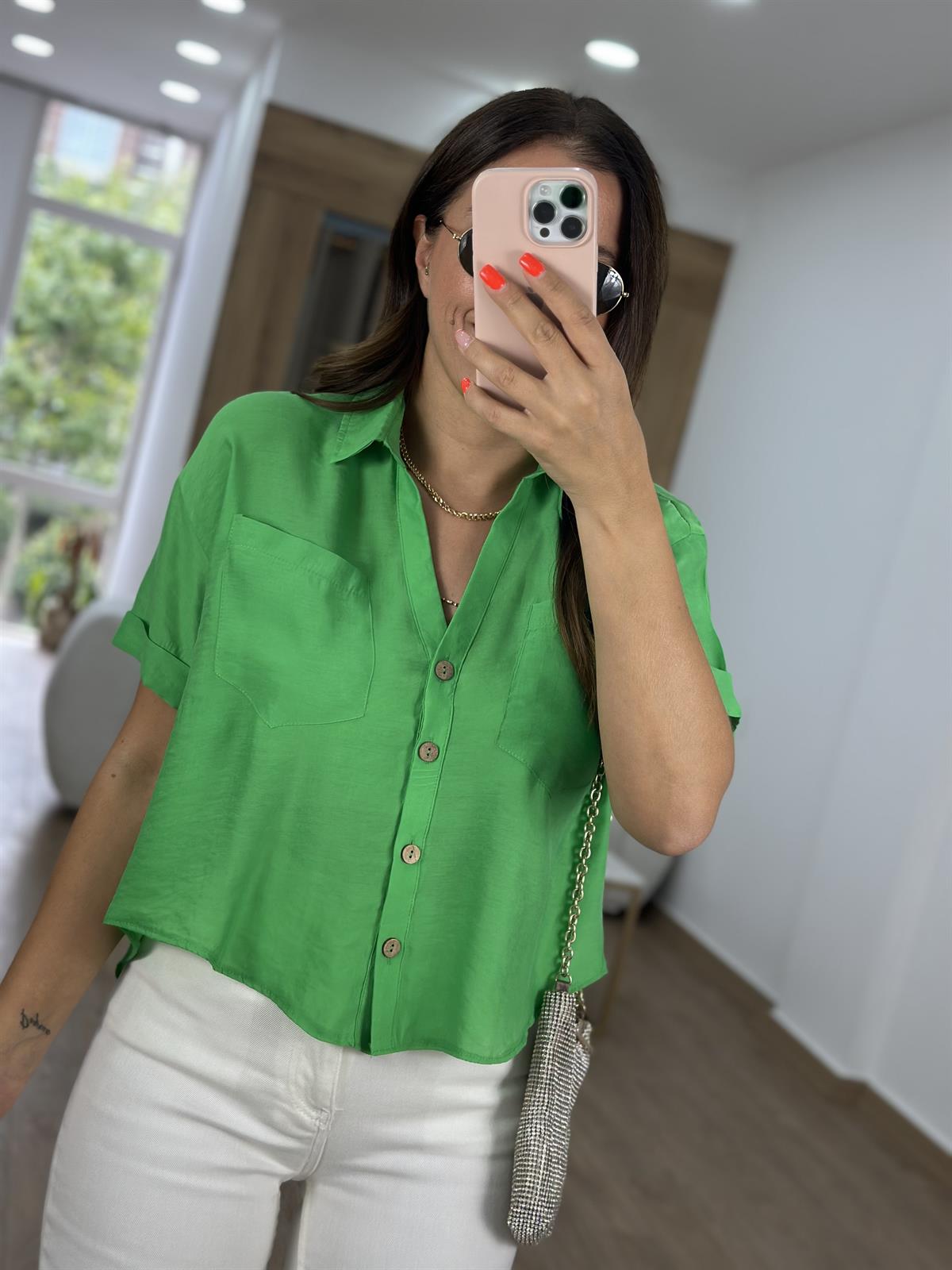 Ahşap Düğmeli Tnsel Gömlek-Yeşil