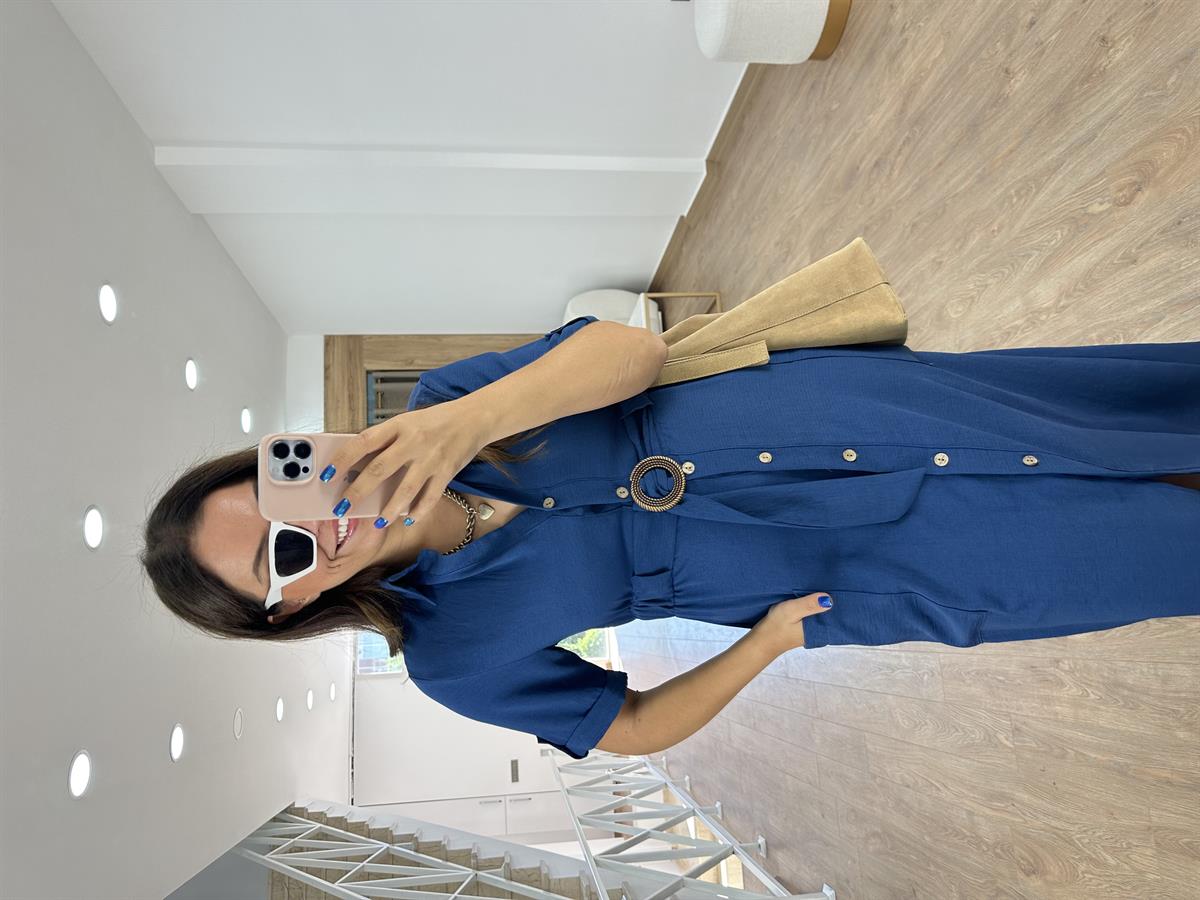 Ahşap Kemerli Önü Düğmeli Elbise-İndigo