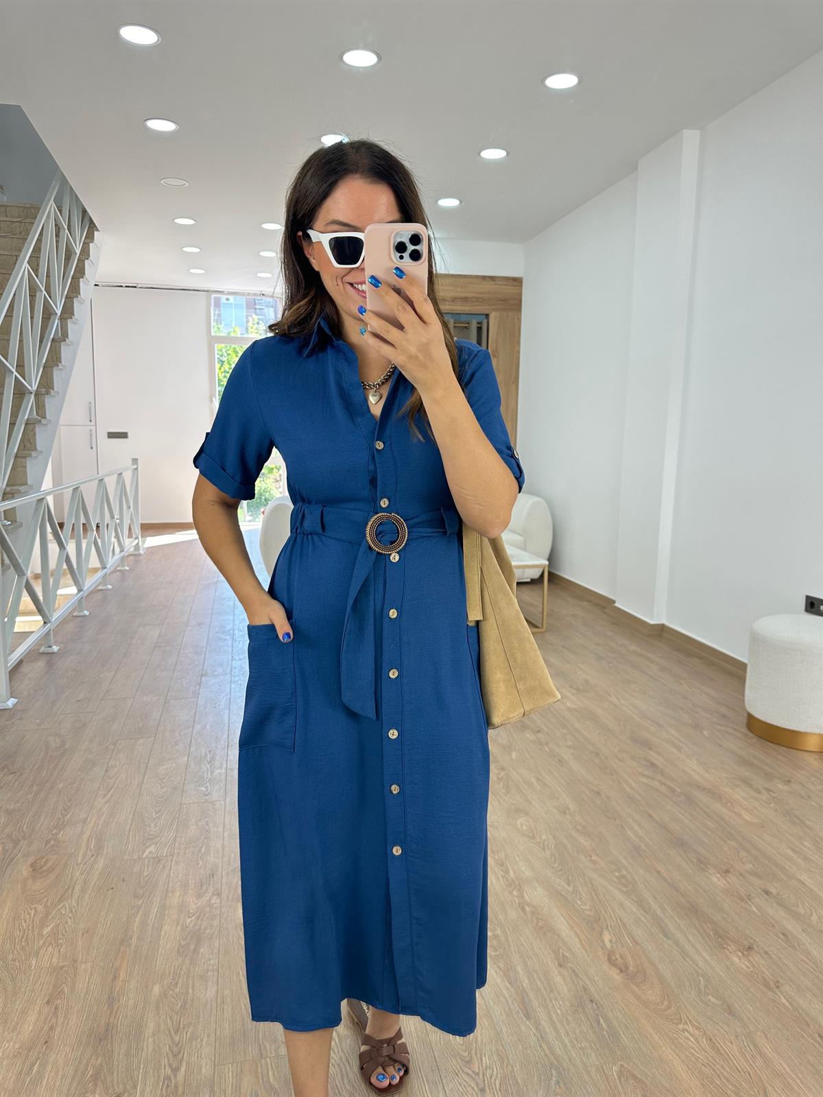 Ahşap Kemerli Önü Düğmeli Elbise-İndigo