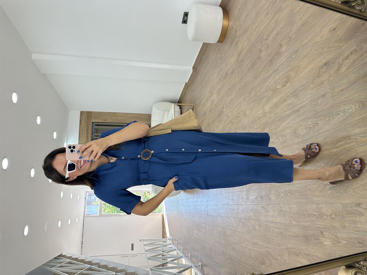 Ahşap Kemerli Önü Düğmeli Elbise-İndigo