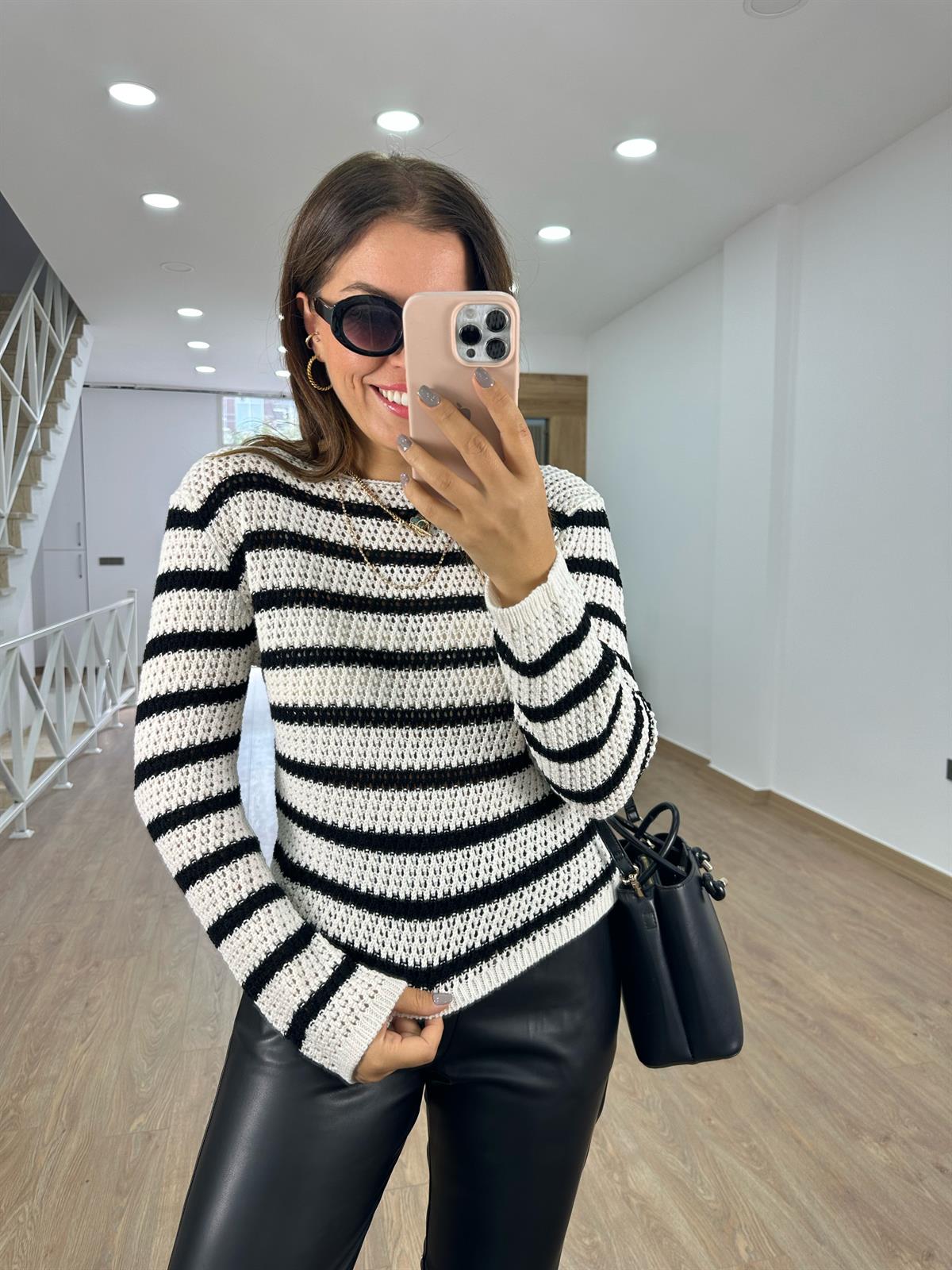 Ajurlu Çizgili Triko - Ekru