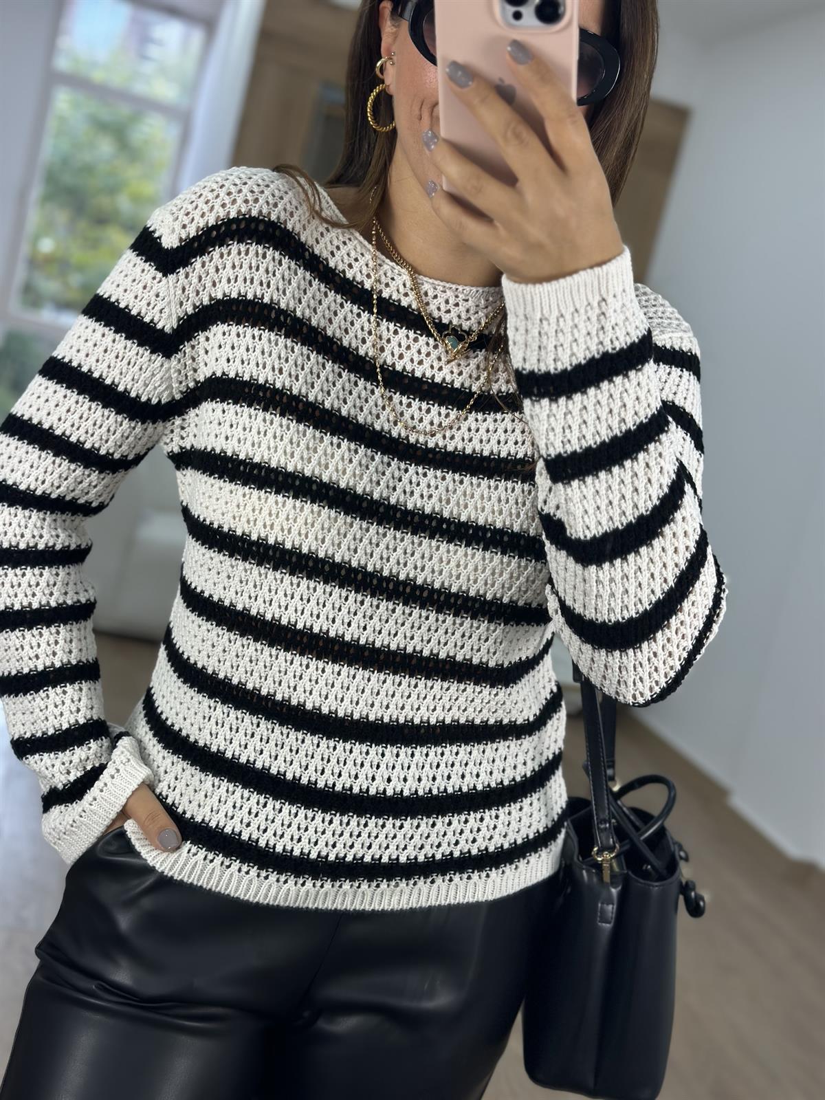 Ajurlu Çizgili Triko - Ekru