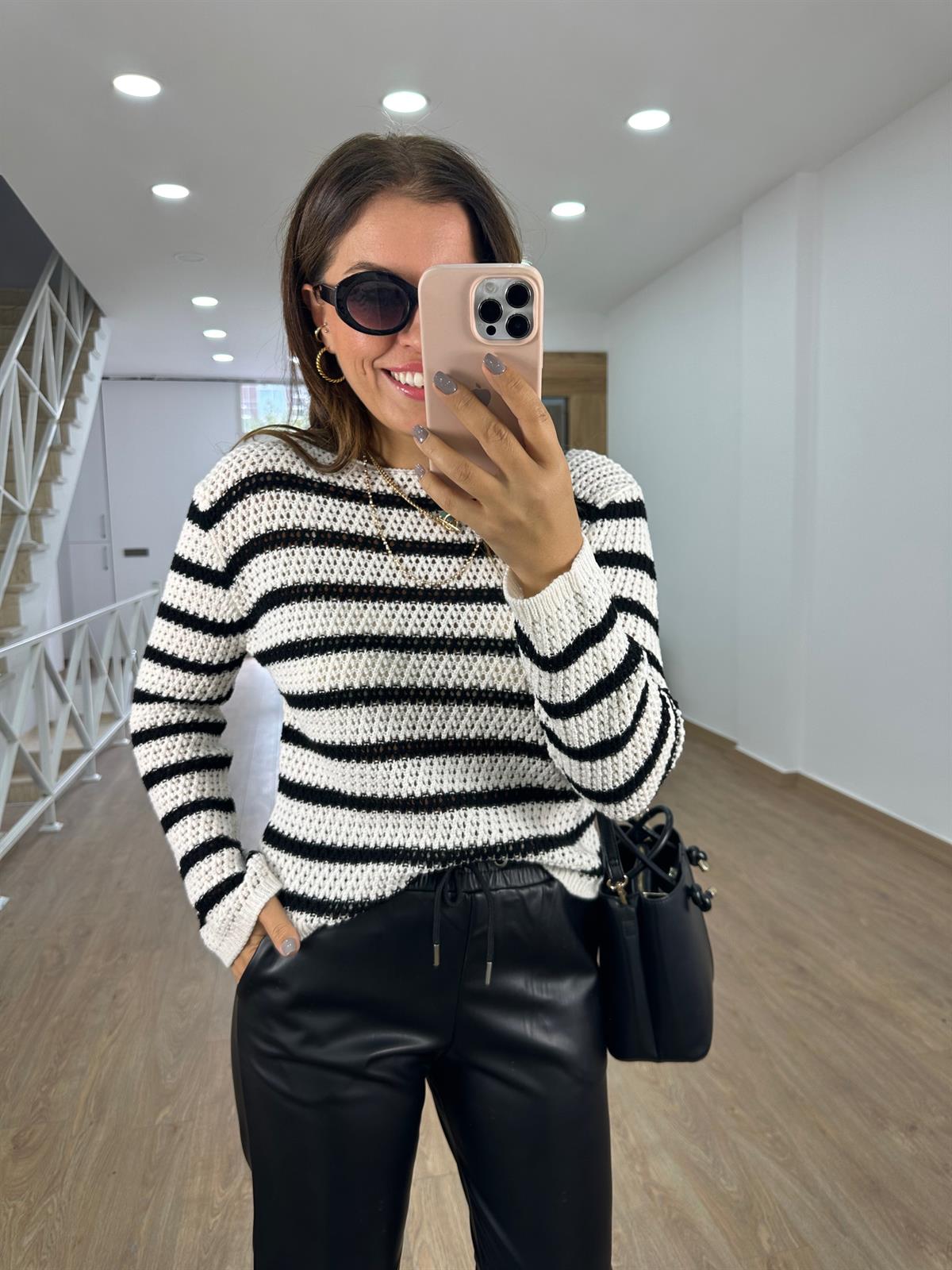 Ajurlu Çizgili Triko - Ekru