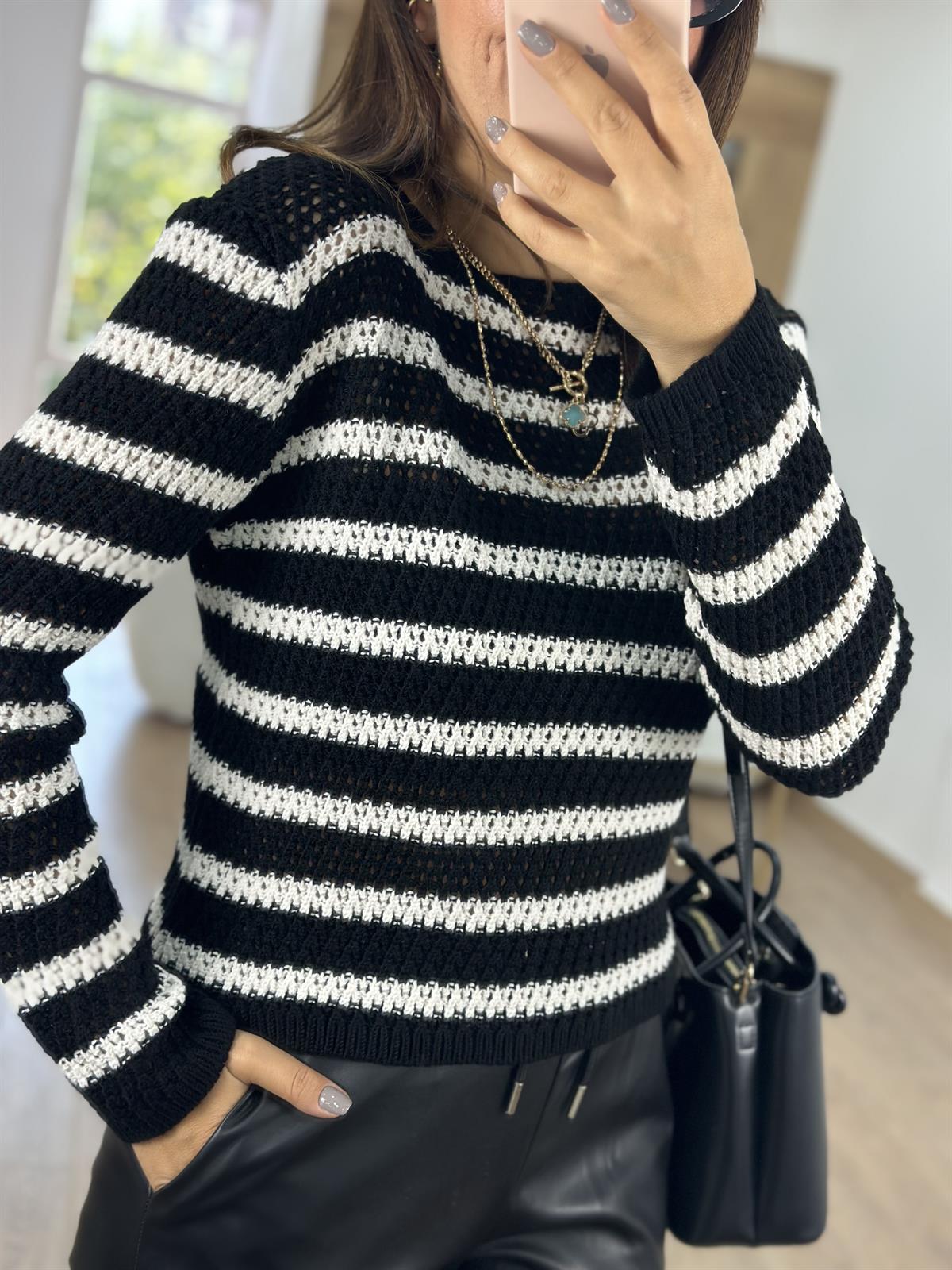 Ajurlu Çizgili Triko - Siyah