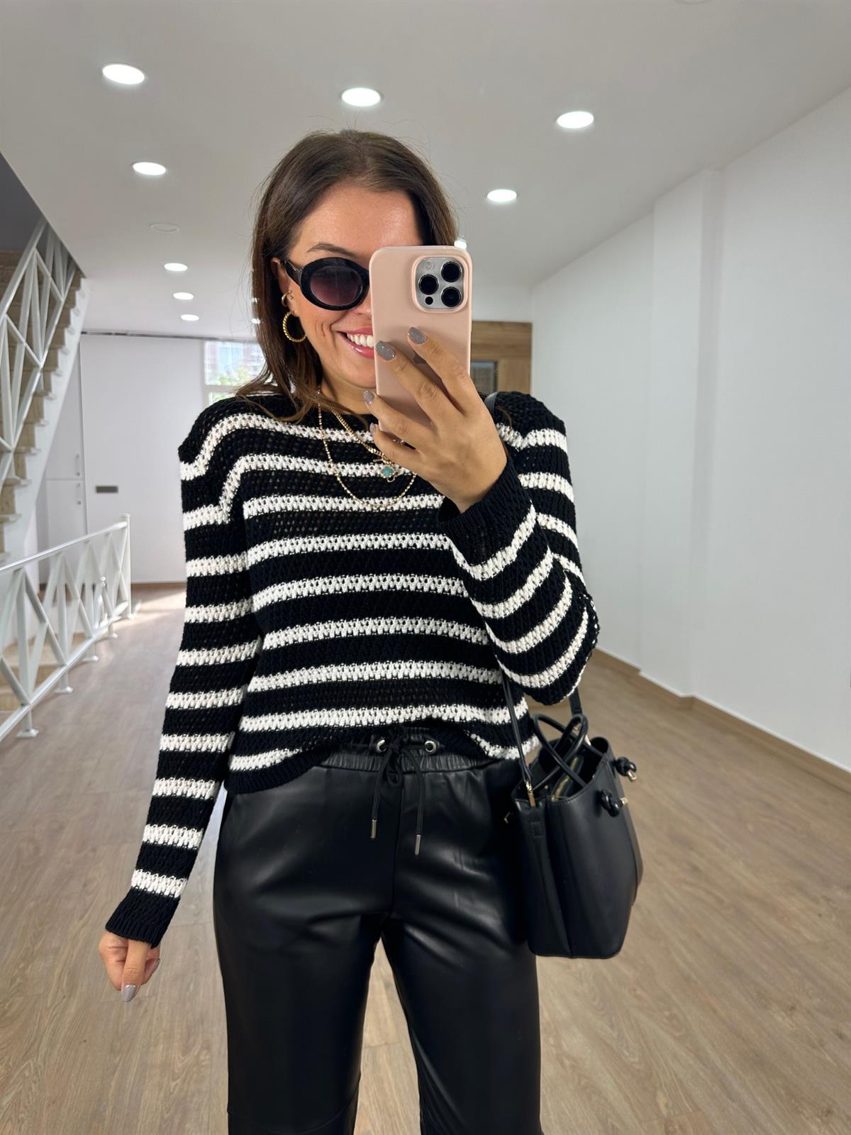 Ajurlu Çizgili Triko - Siyah