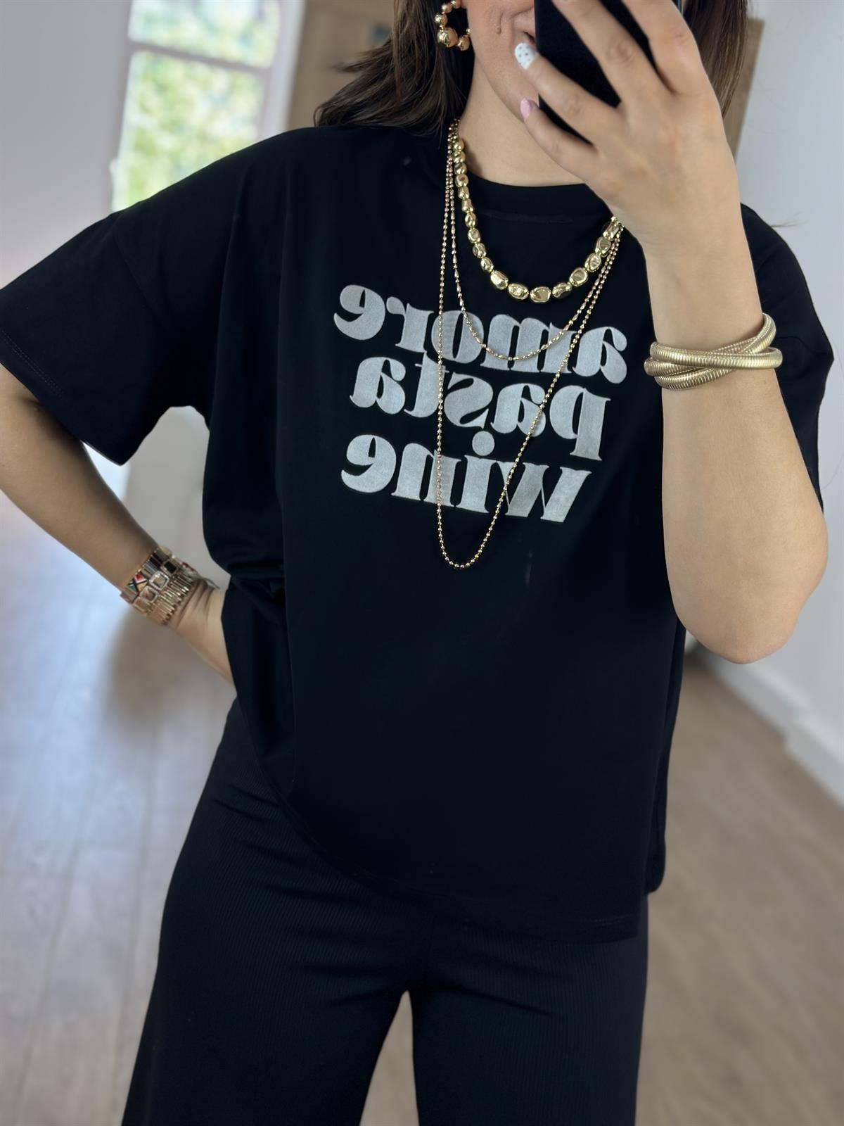 Amore Baskılı Tişört-Siyah