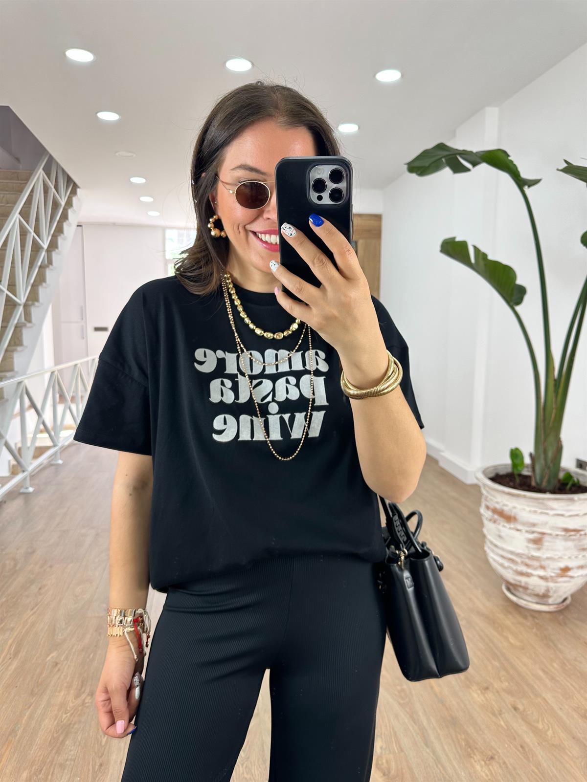 Amore Baskılı Tişört-Siyah
