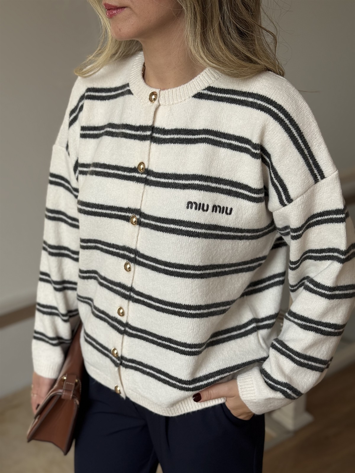 Antrasit Çizgili Miu Hırka - Ekru 