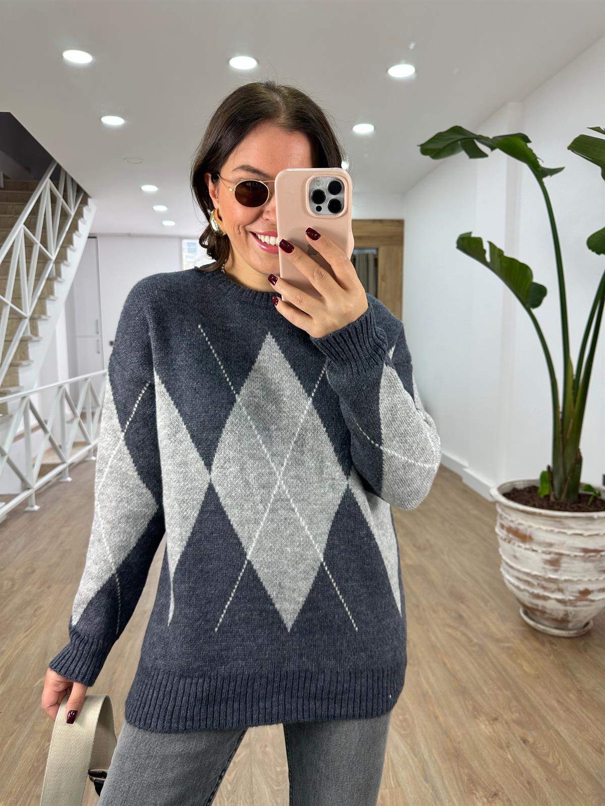 Antrasit Gri Baklava Desenli Kazak