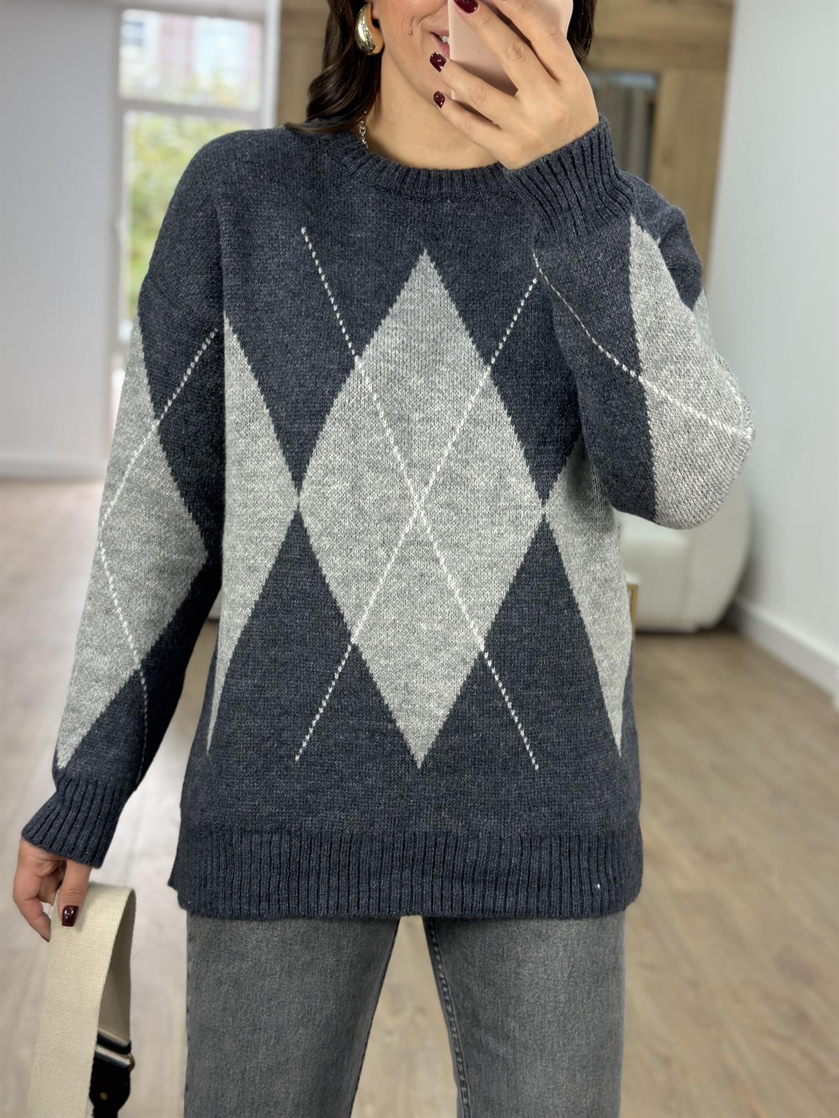 Antrasit Gri Baklava Desenli Kazak