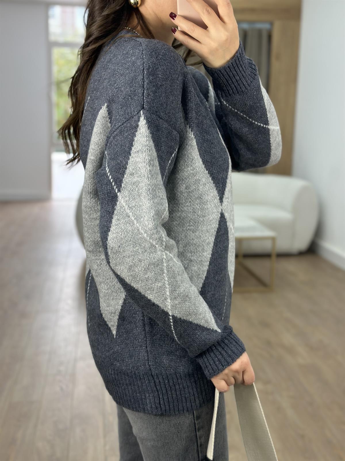 Antrasit Gri Baklava Desenli Kazak