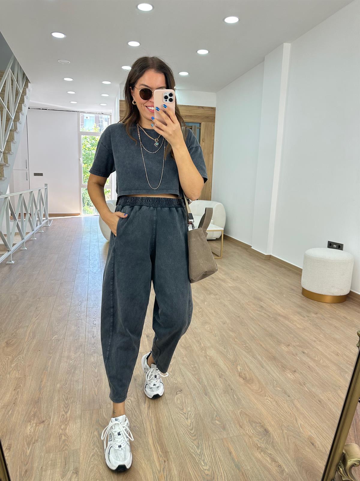 Antrasit Yıkamalı Şalvar Takım