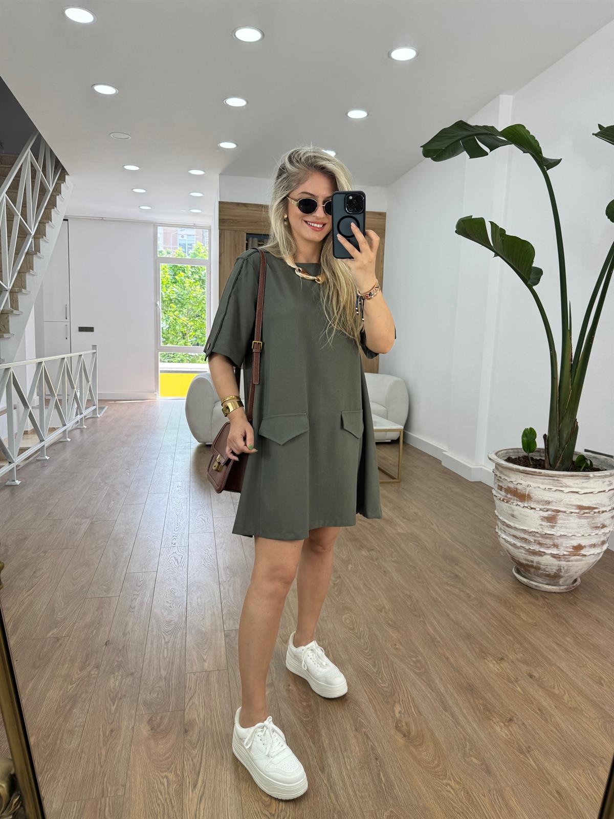 Apoletli Kapak Cepli Çan Elbise-Haki