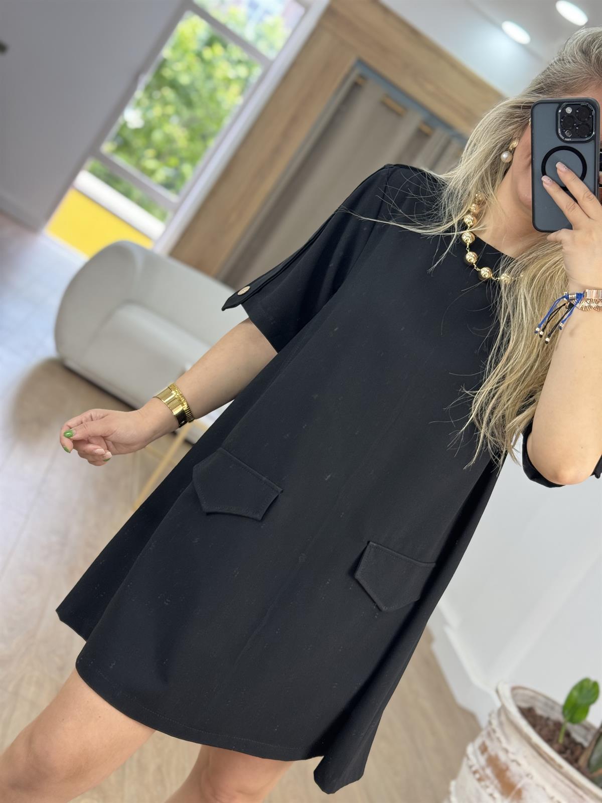 Apoletli Kapak Cepli Çan Elbise-Siyah