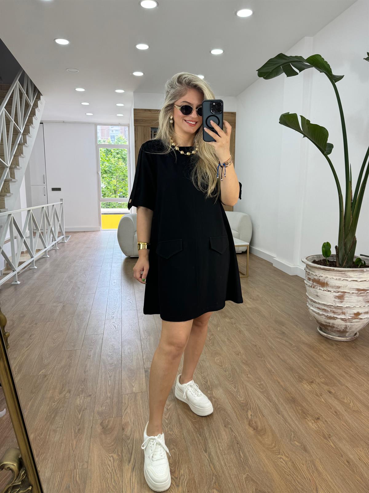 Apoletli Kapak Cepli Çan Elbise-Siyah