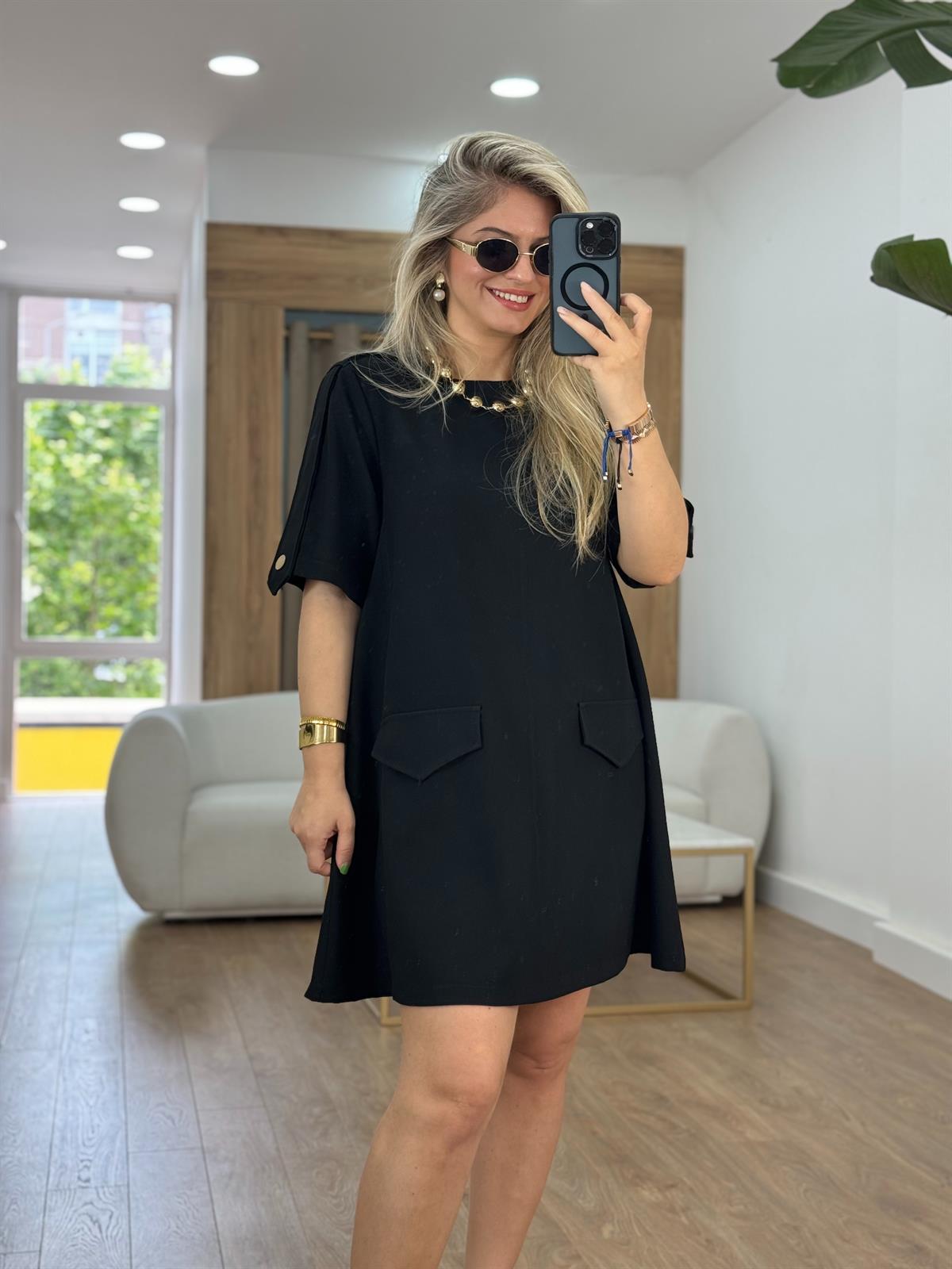 Apoletli Kapak Cepli Çan Elbise-Siyah