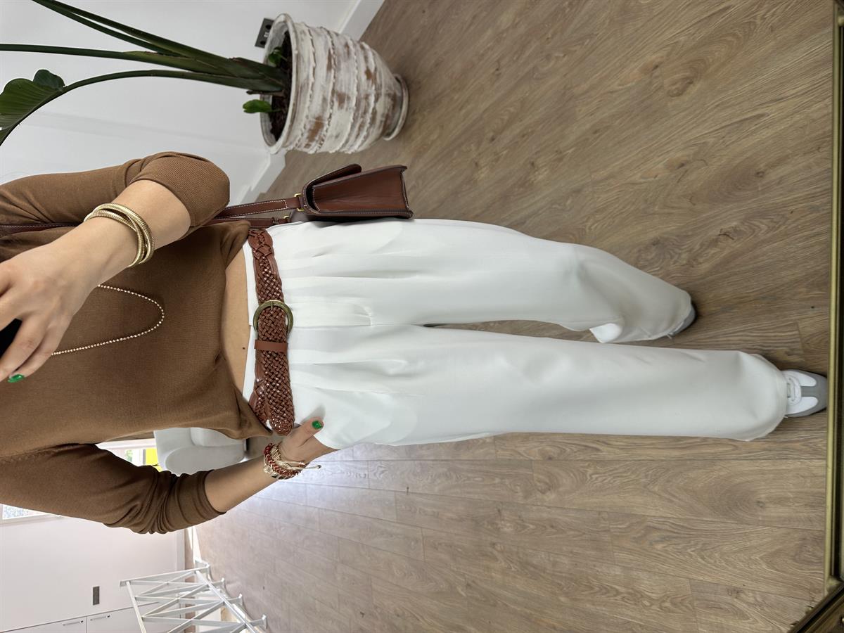 Arka Beli Lastikli Çift Pileli Palazzo Pantolon