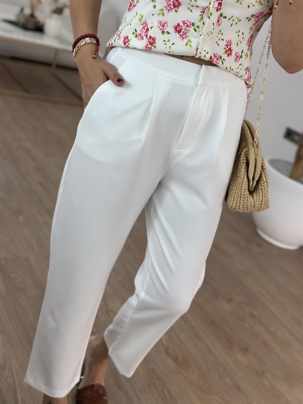 Arkası Lastikli Havuç Pantolon - Beyaz