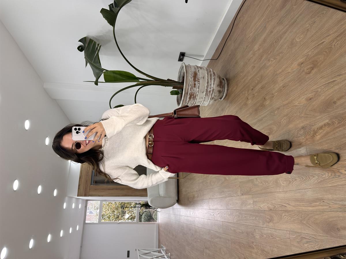 Arka Beli Lastikli Tasarım Paça Likralı Pantolon-Bordo