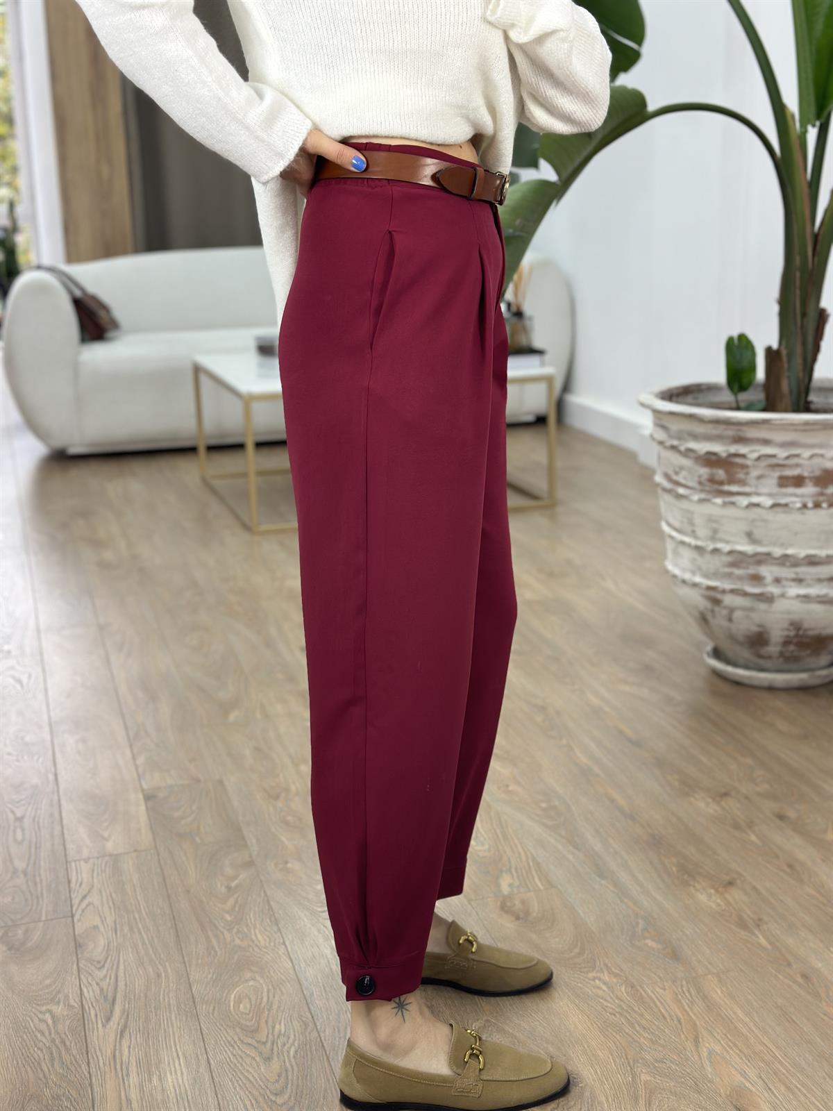 Arka Beli Lastikli Tasarım Paça Likralı Pantolon-Bordo