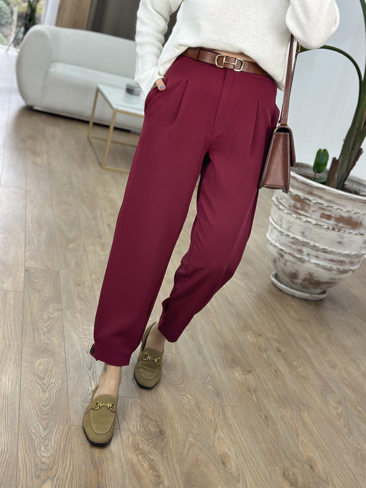 Arka Beli Lastikli Tasarım Paça Likralı Pantolon-Bordo